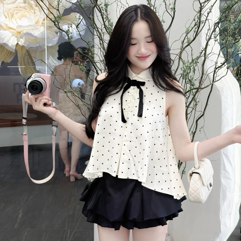 DAILY01 Set áo chấm bi sát nách phối nơ dáng babydoll phối chân váy bồng xòe màu đen .Thiết kế tiểu thư, thanh lịch
