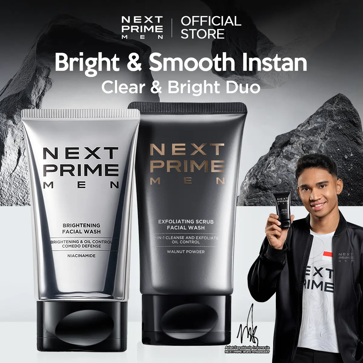 NEXTPRIME 2pcs| Exfoliating &  Brighten Facial Wash – Pembersih Wajah Pria Membersihkan & Mendetoksifikasi Kulit Mengangkat Kotoran Polusi & Mengontrol TampilanMinyak&Mencerahkan seketika & Salicylic