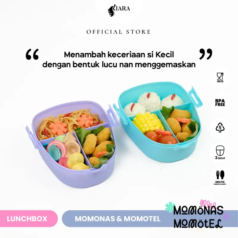 Kiara Lunch Box Momotel & Momonas Kotak Makan Kotak Bekal Anak Sekolah Karakter Lucu Gratis Sendok Garpu 100% BPA Free dan Food Grade Plastik Nanas 5
