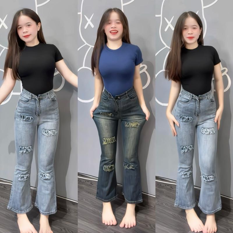 (90cm) SHOP NHÍ- Quần Jean Nữ Ống Loe Rách Lỡ Thêu , Đủ Size S/M/L L18