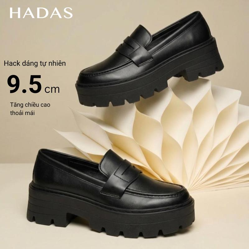 HADAS Giày Chunky Loafer Full Black Tăng 9cm Đế Cao Su Khâu, Tăng kèm Lót Tăng Chiều Cao.