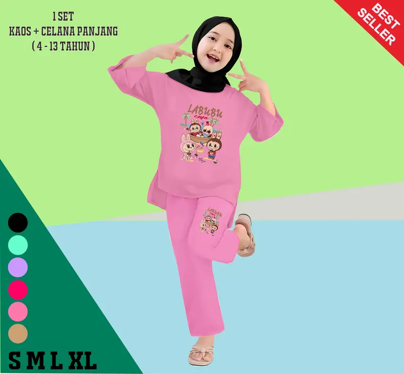 Setelan Kaos Anak Perempuan Celana Panjang Labubu Cafe Fashion Usia 4-13 Tahun Baju 0