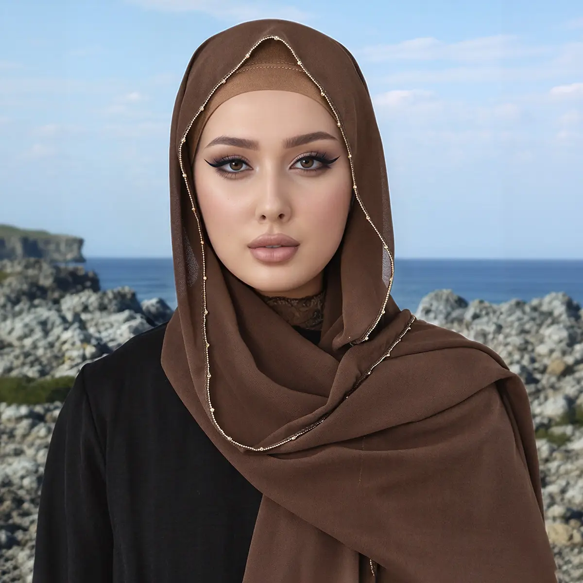 LOVOSME Pearl Chain Beaded Shawl Chiffon Hijab Scarf Glitter Pashmina Hijab For Women Muslim Headscarf Tudung