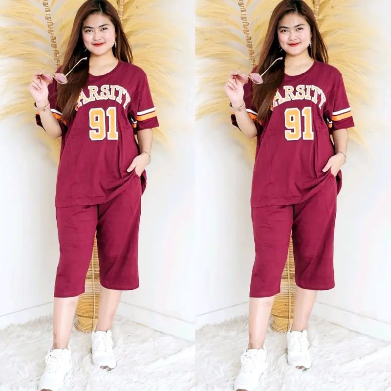 Setelan Wanita Jumbo Lengan Pendek Celana 7/8 Atasan Celana Bahan Katun Kombed 30s One Set Oversize All Size Wanita Setcel Dewasa Remaja Katun Lembut Nyaman Combed Baju Motif 3
