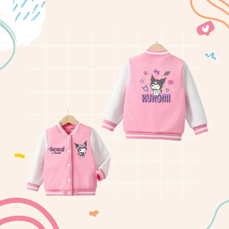 Fashion Jaket Anak Perempuan KUROMI dengan Desain Varsity dan Bahan Fleece Baseball untuk Usia 3-12 Tahun 5