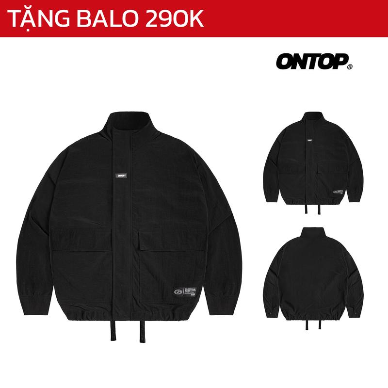 Áo khoác gió nhăn 2 lớp nam nữ ONTOP cổ trụ màu đen có túi trong Cargo Pocket Jacket | O-AK2