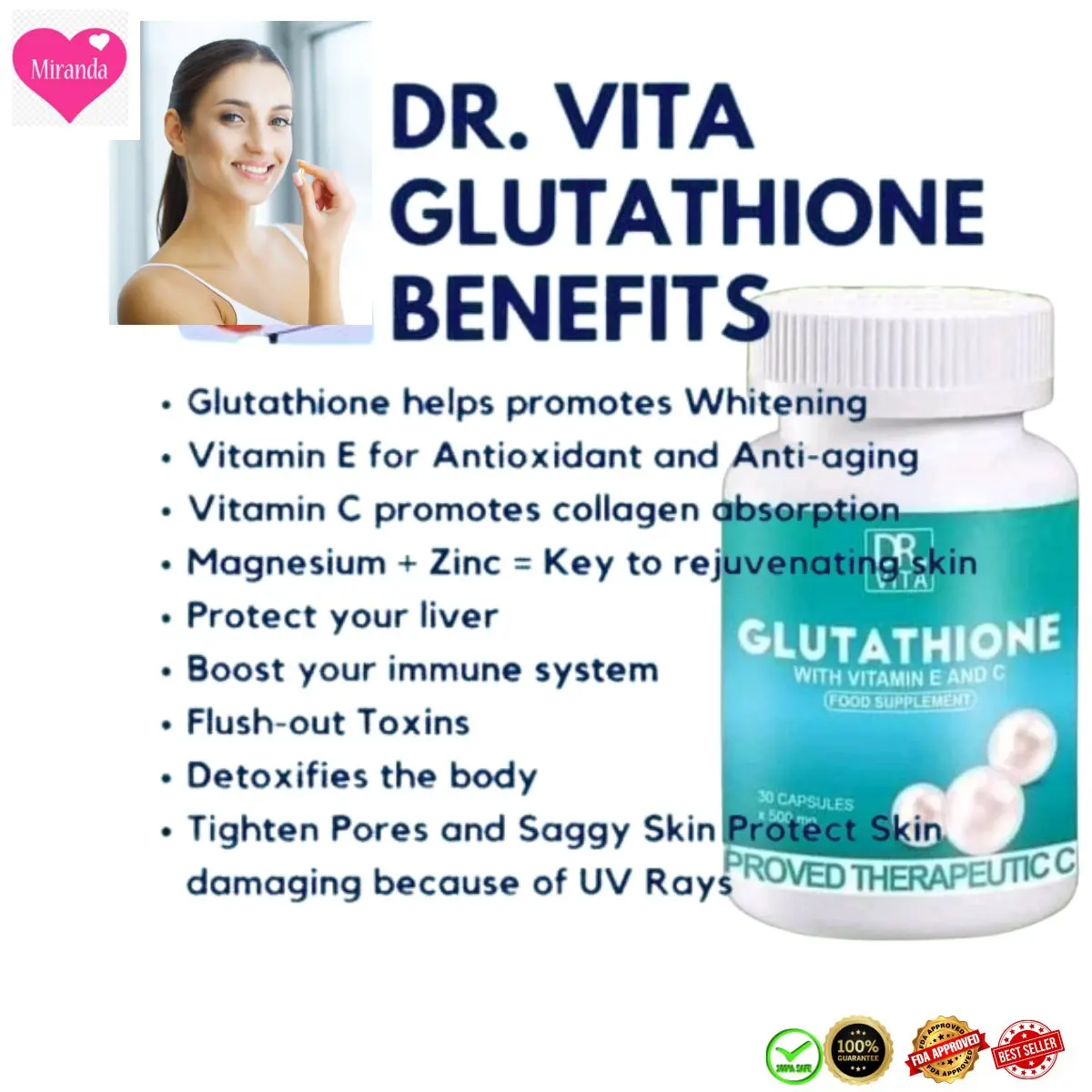 BUY 1 DR VITA GLUTATHIONE WITH VITAMIN E & C 30 CAPSULES ANTIOXIDANT &  HELPS SKIN WHITENING Healthcare Fitness Supplement Edible Dietary Beauty  Organic Nail Hair