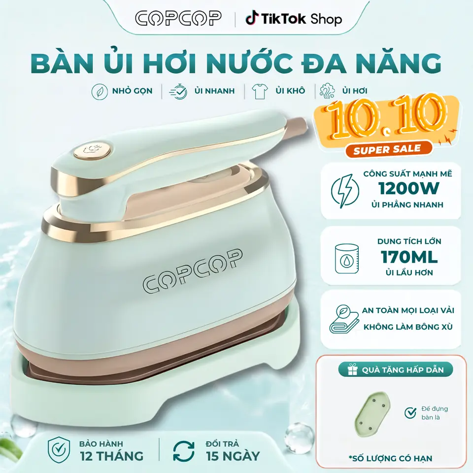 Bàn là hơi nước COPCOP tặng kèm cốc nước , đế đựng bảo hành 12 tháng với công suất 1200W là nhanh mọi loại vải thiết kế nhỏ gọn dễ dàng sử dụng phù hợp mang du lịch và sử dụng tại nhà