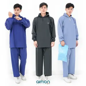Aimon Jas Hujan Hoodie Celana Pria Tebal Elastis Waterproof dengan Finishing Seal Press Bahan Parasut PVC Super Kuat dan Tidak Rembes