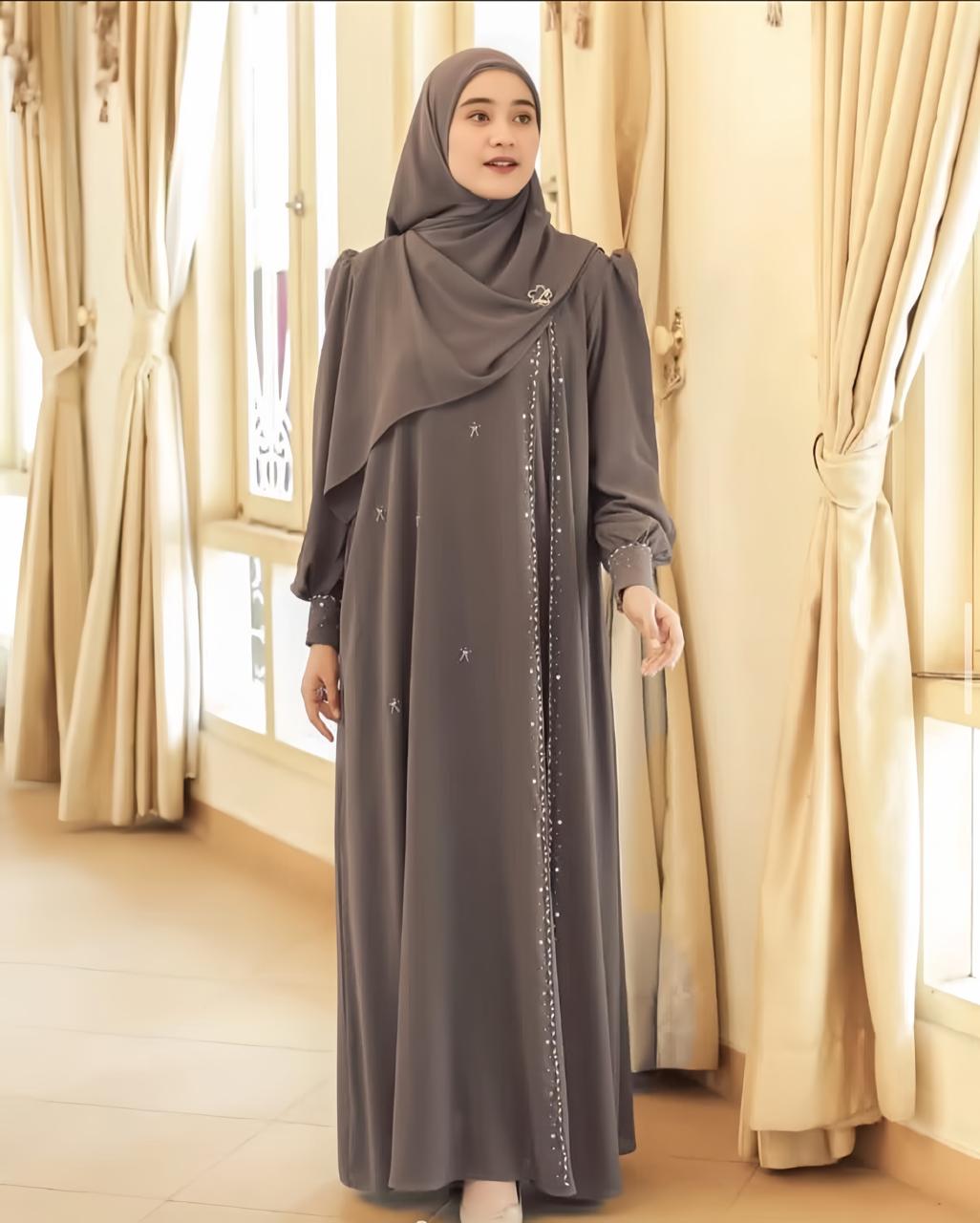 Suci dress abaya wanita terbaru bahan ceruty babydoll full puring aplikasi payet mutiara gamis abaya hitam polos simple elegant mewah ukuran jumbo fit L-XL
