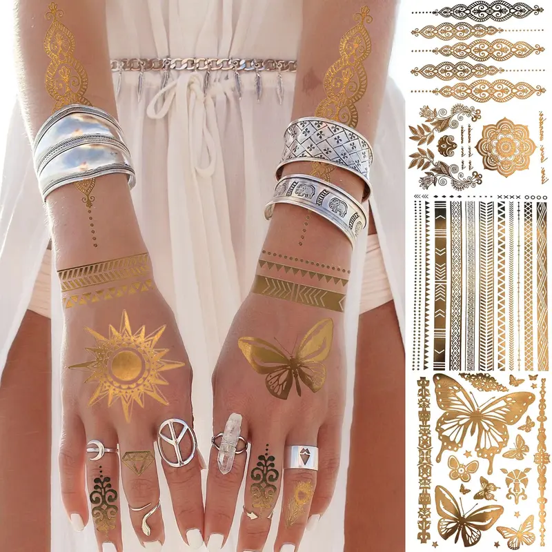 Metallic Temporary Tattoo Sticker, 9 Counts/set Glitter Fake Tattoo Sticker, Body Art Decoration for Women & Girls 3