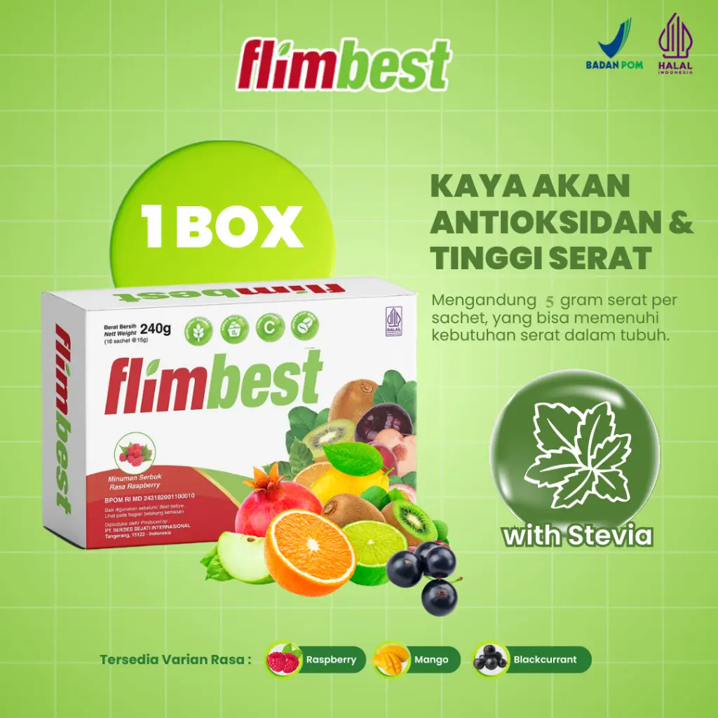 PROMO Flimbest Fiber 1 Box isi 16 Sachets High Fiber | High Nutrition | Antioxidants 100% Sugar Free with Stevia High in Vitamin C BPOM & HALAL Certified Approve Flimty Fiber