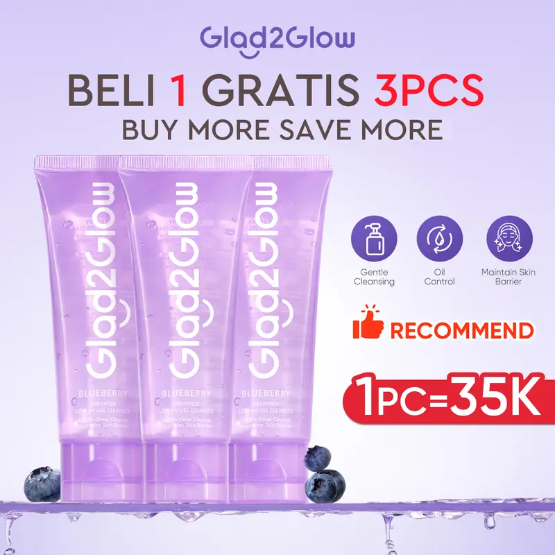 Glad2Glow Blueberry Cleanser Ceramide Low pH Gel 70ml | Face Wash Facial Cleanser Sabun Cuci Muka Pembersih Pencuci Muka Kotoran Membersihkan Berjerawat Kering Wajah Mencerahkan barrer centella 5X Ceramides 0