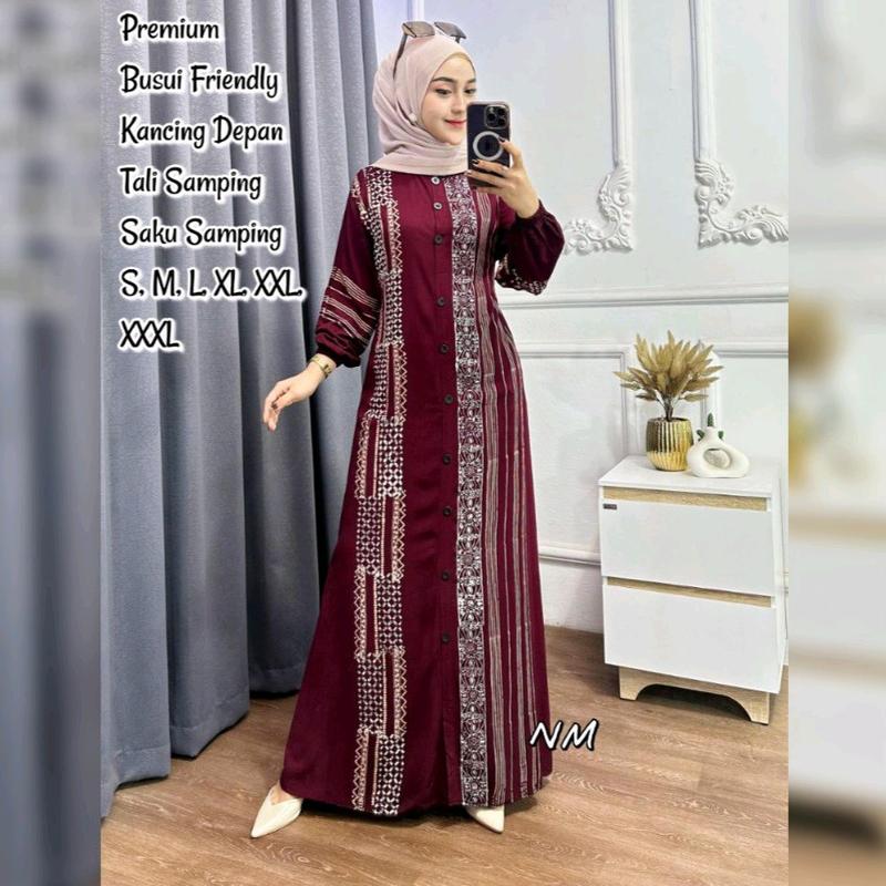 Gamis Twill Ori Muslim Premium Pekalongan Lengan Panjang Model Kancing Depan Busui Friendly Dress Batik Wanita Dewasa Modern Murah Tali Samping 2