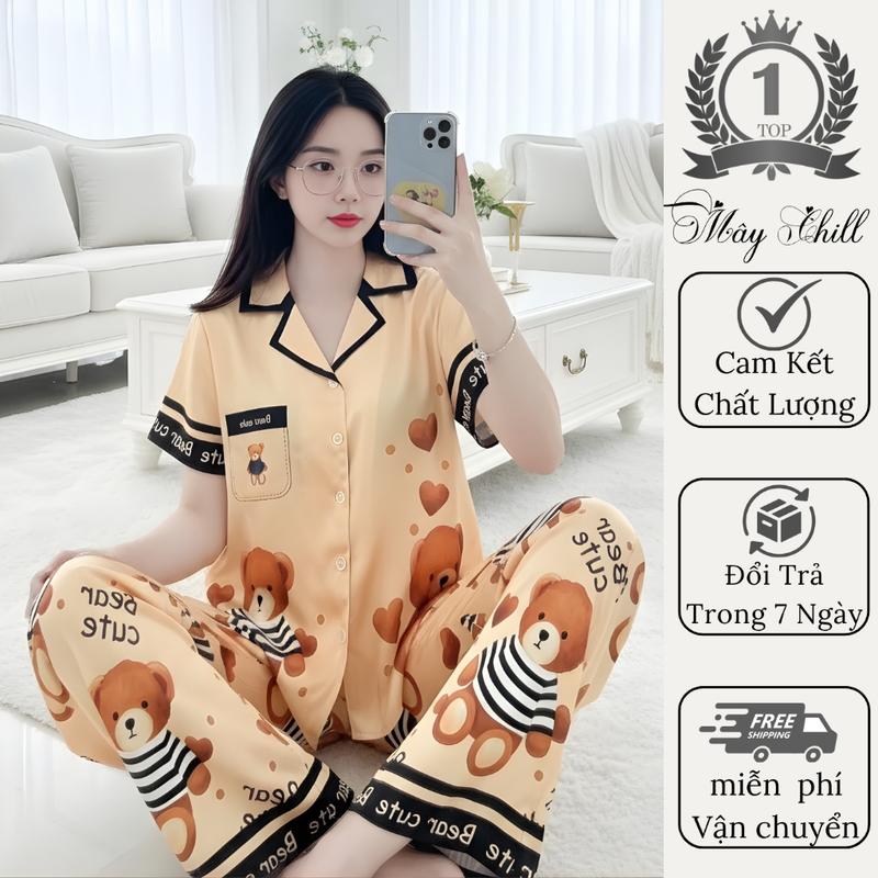 Đồ Bộ Nữ Pyjama Lụa Cát Mềm Mịn Màu Vàng Họa Tiết In Gấu Cute Phong Cách Tiểu Thư Full Size 40-68kg