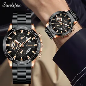 Sunlifex Jam Tangan Pria Quartz Kalender Bercahaya Olahraga Tali Stainless Steel Jam Tangan Cowok SL3321
