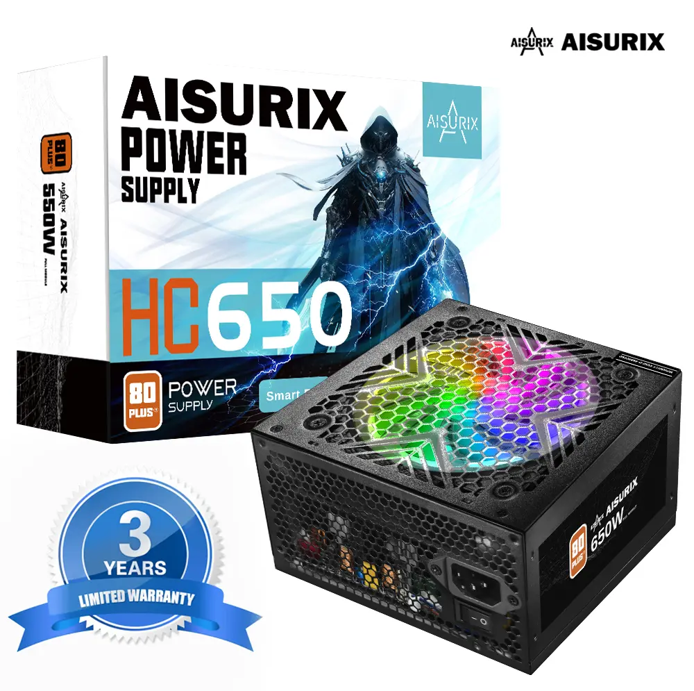 Bộ nguồn cung cấp điện AISURIX, 650W, PSU chơi game, Gỗ gụ 80 +, màu đen / trắng, 650 Watt