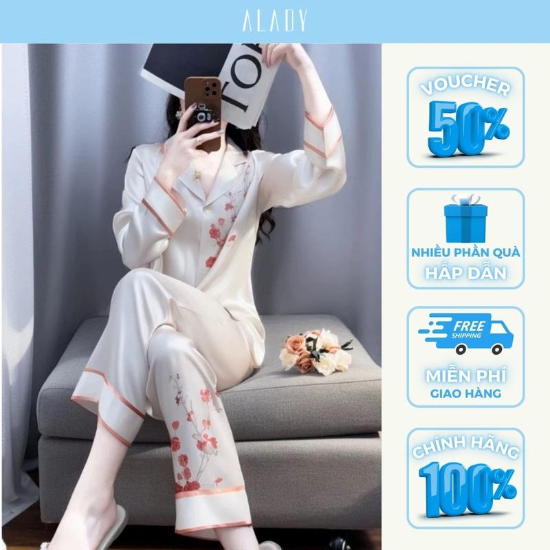 ALADY TD022 - Đồ bộ Pijama Nữ họa tiết hoa Anh đào phối viền tay sang trọng chất vải lụa Latin cao cấp mềm mại và thoáng mát Quần Ngủ Áo Ngủ