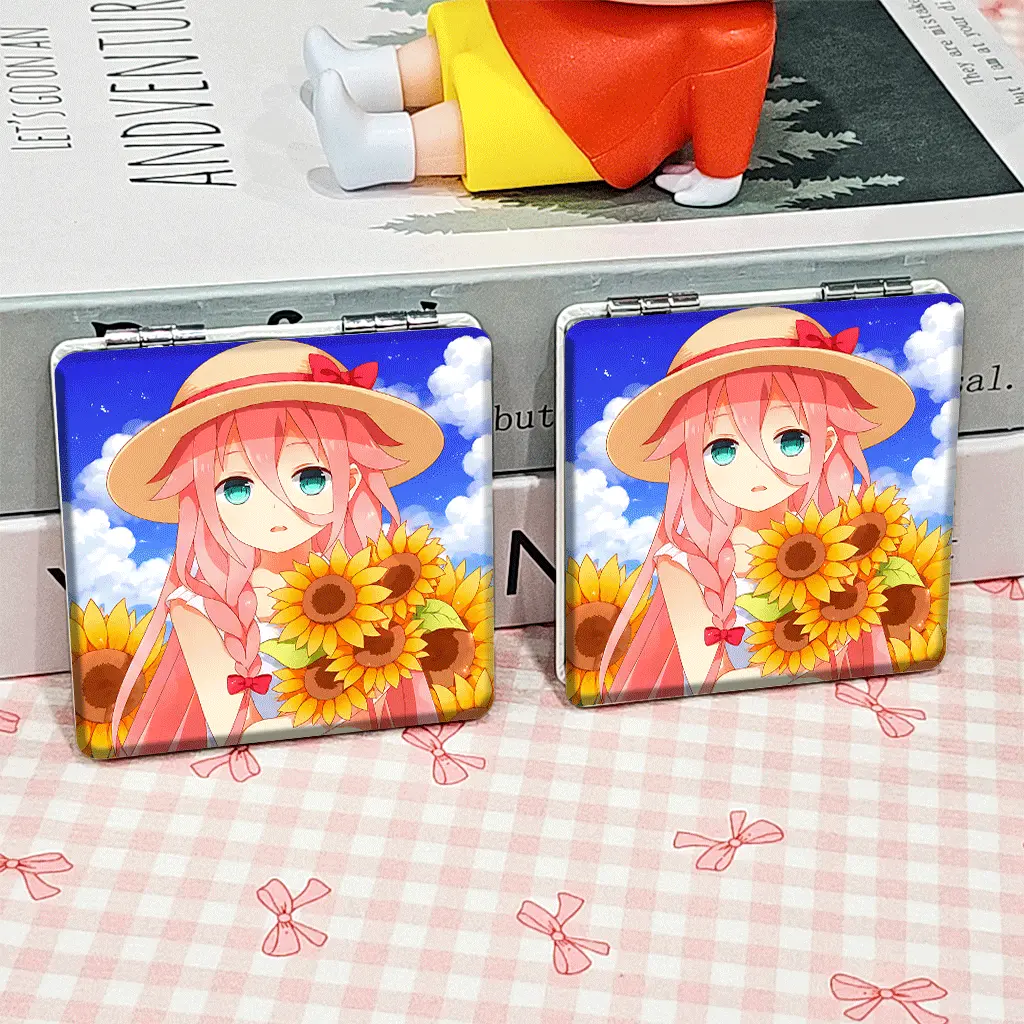 Portable Foldable Makeup Mirror, Anime GirlSunflowersStraw HatPink Hair Pattern, Mini Hand Cosmetic Mirror, Student Pocket Mirror, Trendy Compact Mirror, Cute, Double Sided Mirror, Non-Slip Handheld