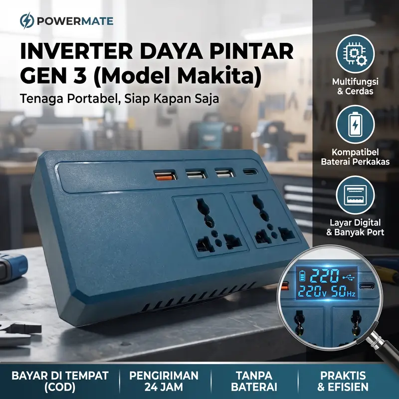 Inverter Daya Pintar Baterai Litium 18V-21V Multifungsi untuk Darurat Luar Ruangan dengan Soket Ganda dan Port USB Tanpa Baterai