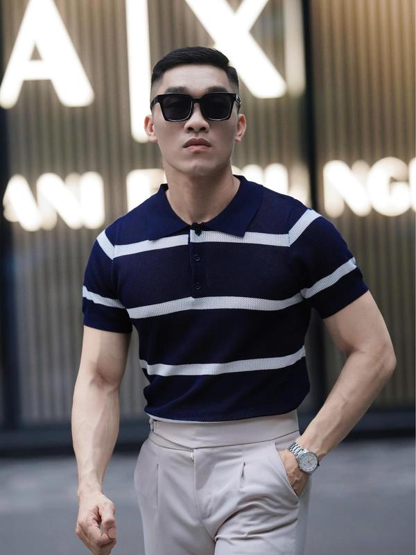 Mã:48 { Áo Dệt Kim } Áo Dệt Kim phối kẻ sọc ngang dệt dạng lưới - Nam -+ Measwer