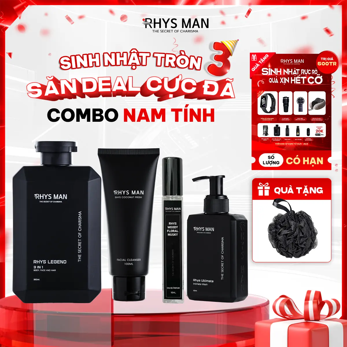 Combo Nam Tính Dành Cho Nam Giới Rhys Man - Sữa Tắm Gội Nam 3 In 1 350Ml & Gel Rửa Mặt Nam 100Ml & Dung Dịch Vệ Sinh Nam 120Ml & Nước Hoa Nam 10Ml