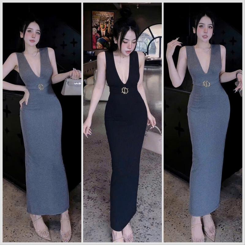 SM - Đầm váy body cổ v xẻ sâu sát nách đính tap eo dáng dài tôn dáng sang chảnh - chất thun tăm H611 Váy boby , váy body nữ tôn dáng , váy xinh , váy đi tiệc , váy đi biển