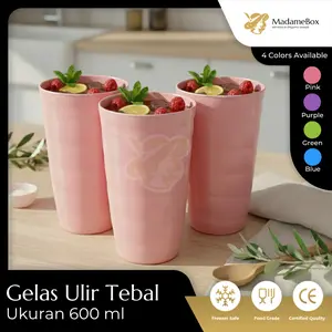 MadameBox Gelas Plastik Ulir Tebal 600ml Set Isi 12 Pcs Estetik & Higienis Plastik Tahan panas BPA Free Food Grade Warna Pink