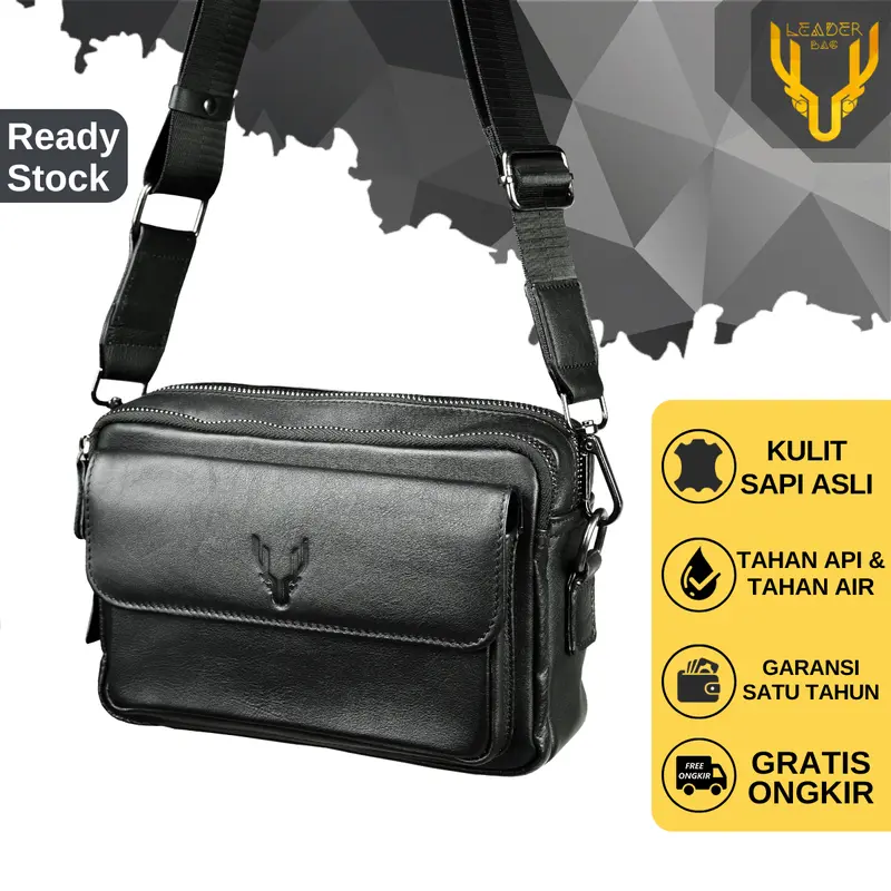Tas Selempang Pria Kulit Sapi Asli Leaderbag Terbaru Hitam Waterproof Handbag Cowok Keren Branded Premium Multifungsi Clutchbag Slingbag 0