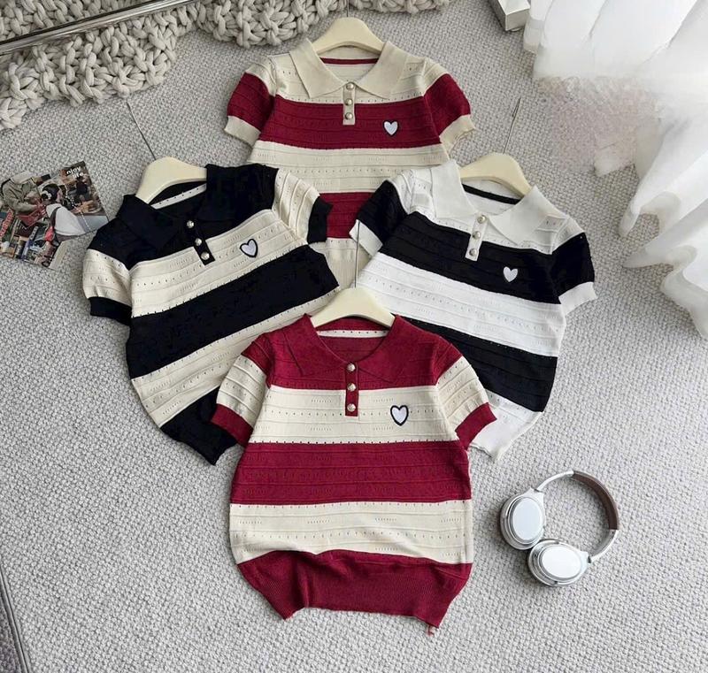 A795 TÁO ĐỎ BIGSIZE 55-90KG ÁO POLO SỌC NGANG THÊU HÌNH TRÁI TIM NGỰC 105CM VỪA