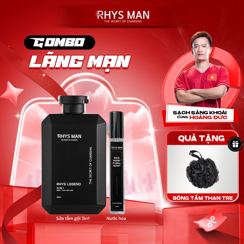 Combo Lãng Mạn RHYS MAN - Sữa tắm gội hương nước hoa cao cấp 350ml & Nước hoa nam tính lịch lãm 10ml/ 50ml RHYS MAN | Tặng 1 Set túi hộp và Bông tắm than tre Dưỡng Thể