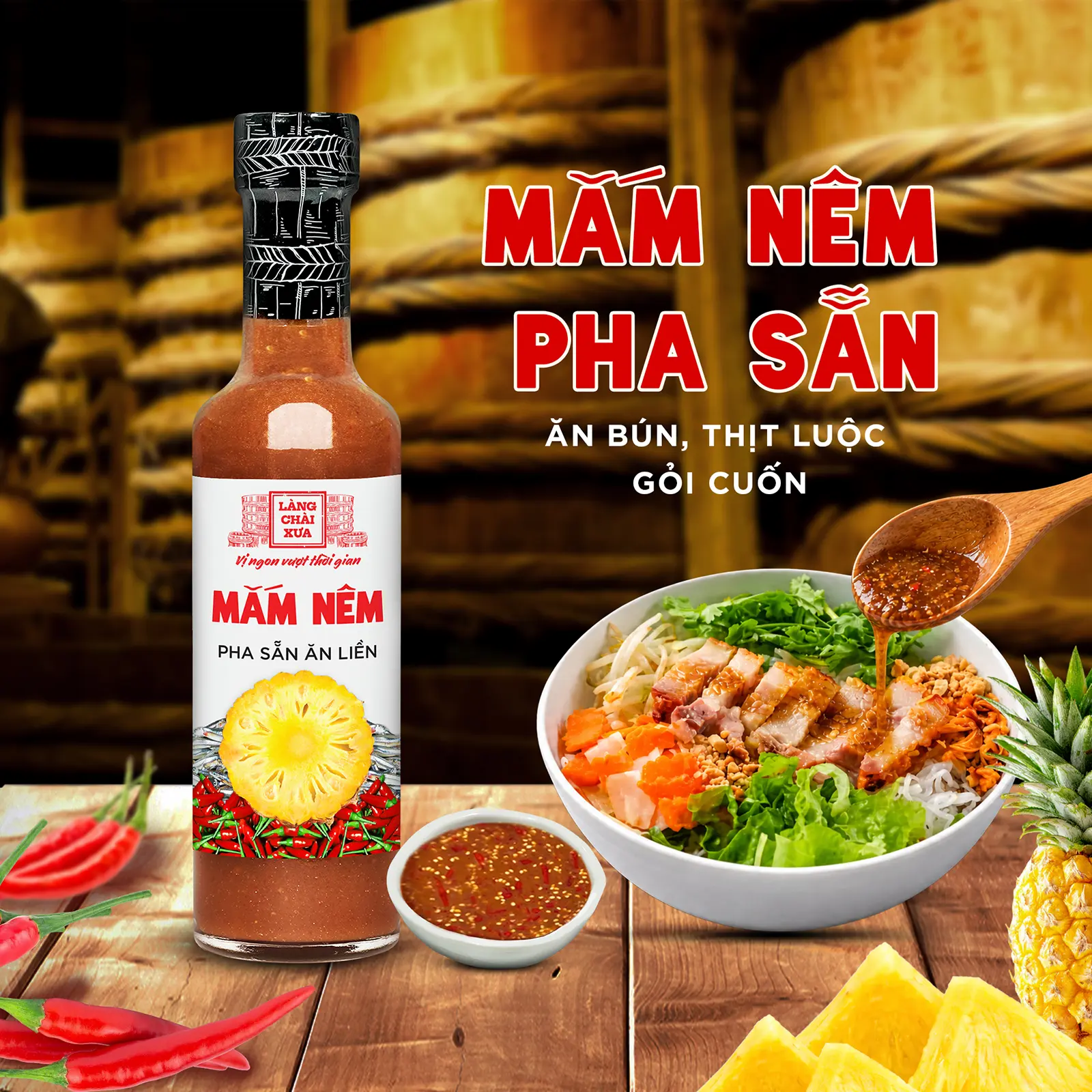 Mắm nêm pha sẵn cao cấp Làng Chài Xưa chai thủy tinh 300g nguyên liệu tươi, thơm ngon đặc biệt