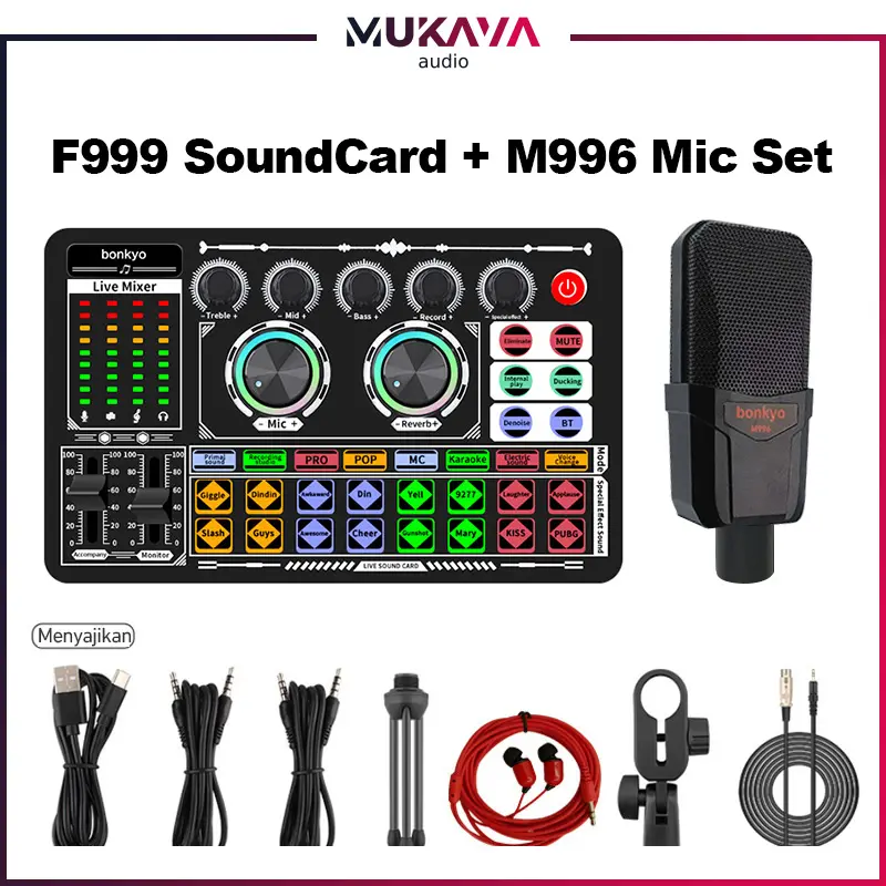 Bonkyo F999 SoundCard+M996Mic  Bluetooth compatible External Wireless DJ Mixer Pengurangan Kebisingan untuk Streaming Langsung  Sound Card Complete Set