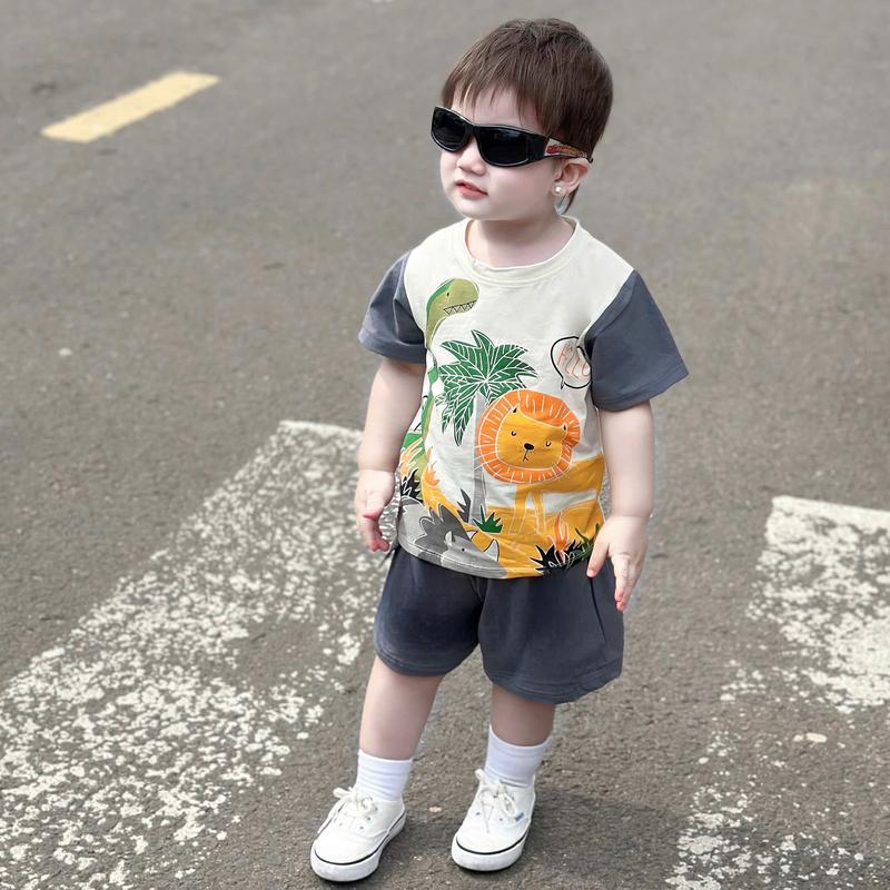   Kho sỉ mẹ gạo Bộ Quần Và Áo cộc tay mùa hè chất thun cotton mềm mát Cho Bé Trai in hình khủng long sư tử. Phong Cách Hang Quốc sành điệu Cho Bé.8-30kg Jean Kaki 