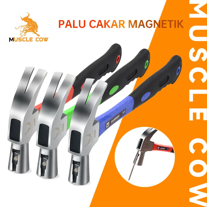 MUSCLE COW Palu Cakar Magnetik — Kepala Baja Anti-Karat & Penahan Paku Magnet, Gagang Karet Ergonomis untuk Kayu & Konstruksi (Merah/Hijau/Biru)