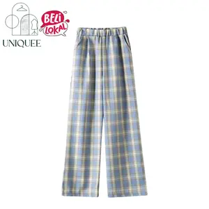 Uniqueestore CPG1305 Celana Panjang Kulot Highwaist Wanita Motif Kotak kotak Casual Long Pants Korean Fashion Tartan Dewasa Bawahan Linen Katun Katun