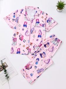 Conjunto de pijama para niños de K-Pop Demon Hunter, top tipo cárdigan de manga corta y pantalones con cintura elástica, ropa cómoda para el hogar, conjunto de dos piezas para dormir