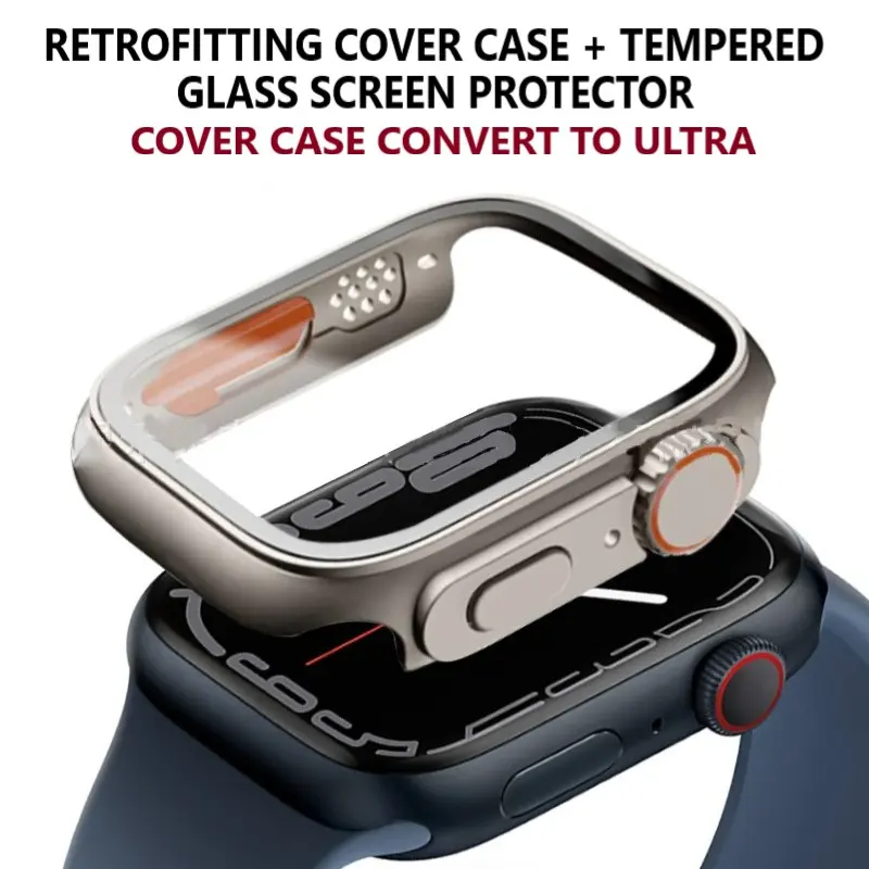 360 Full Cover Retrofitting iWatch For iWatch Series 9/8/7/6/5/4 40mm 41mm 44mm 45mm Convert Upgrade To Ultra 49mm Case PC Hard Case with Tempered Glass Protector