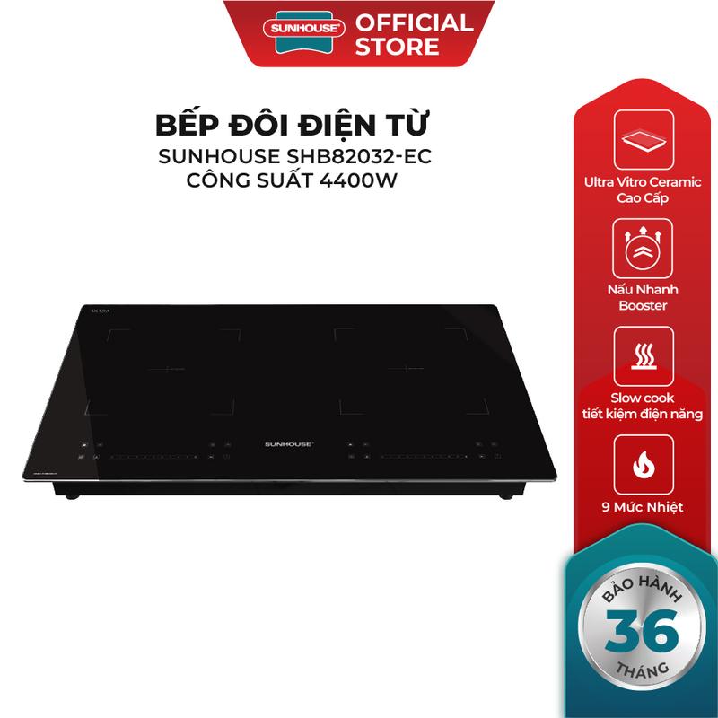 Bếp đôi điện từ Sunhouse SHB82032-EC - Booster nấu nhanh - 9 mức chỉnh có tính năng slow cook - Mặt kính nguyên khối