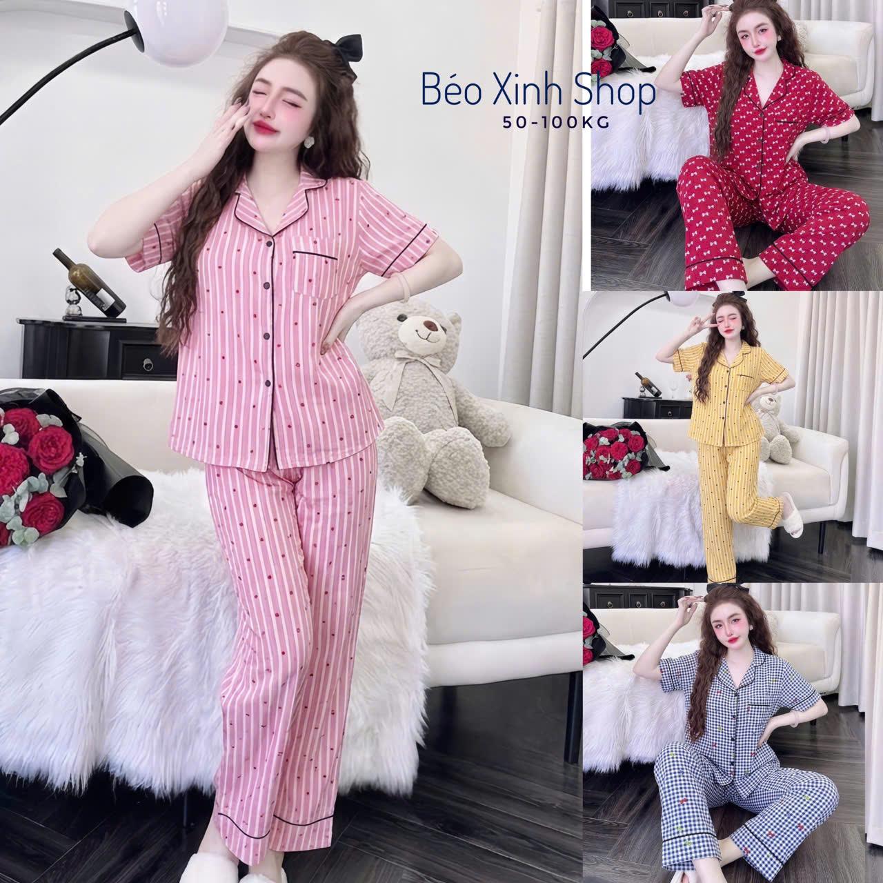 Đồ Bộ - Đồ Ngủ Tay Ngắn Quần Dài Vải Đũi Vân Mây Mềm Mát Tiểu Thư Cao Cấp Thanh Lịch Pijama Bigsize 50-100kg Bộ Ngủ Nữ Áo Ngủ Women Quần Ngủ - A.5453