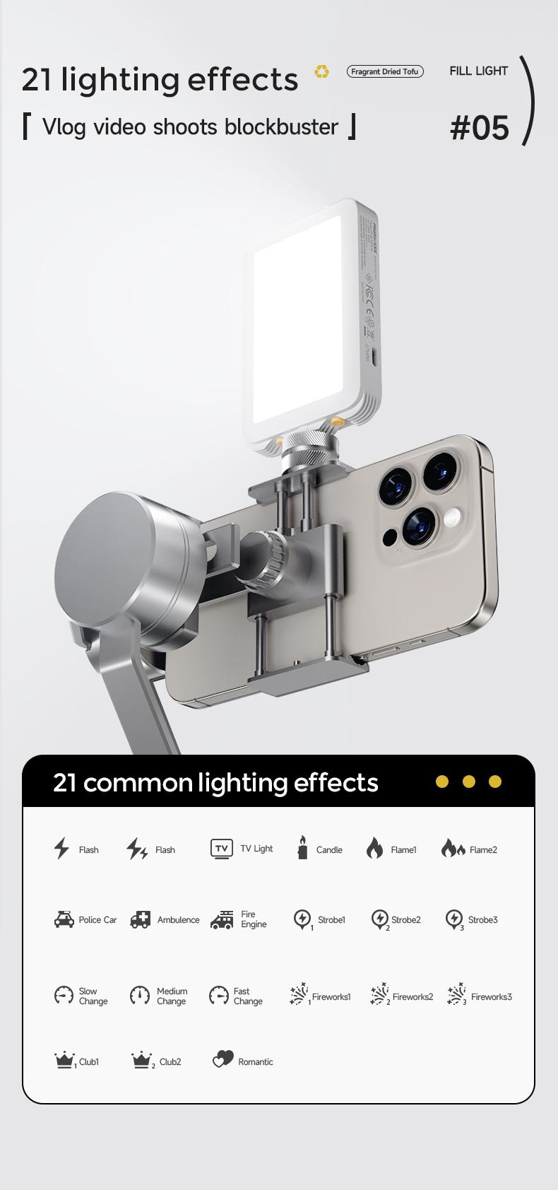 PHOTOOLEX Fragrant Dried TOFU Light - Lampu Atmosfer Langsung Berwarna Penuh Magnetik RGB Multi-Fungsi Fotografi Seluler Fotografi Selfie Isi Cahaya Kamera