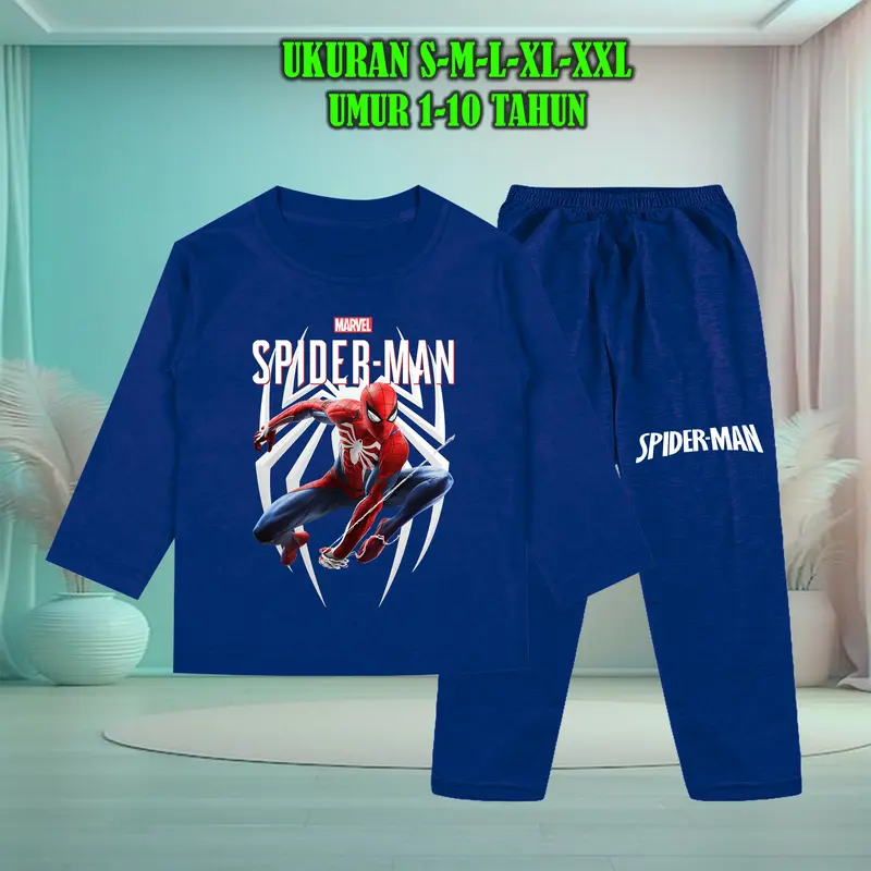 Setelan Baju Anak Tidur Gambar Spiderman Lengan Panjang dengan Sablon Berkualitas - Baju Anak Fashion laki Celana 5