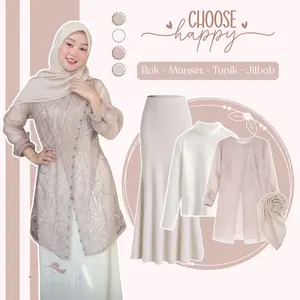 OOTD Outfit Raya Wanita kekinian 4in1 (Tunik Zize Brokat - Manset Kaos - Rok Duyung - Jilbab) Setelan One Set Pesta LO44N