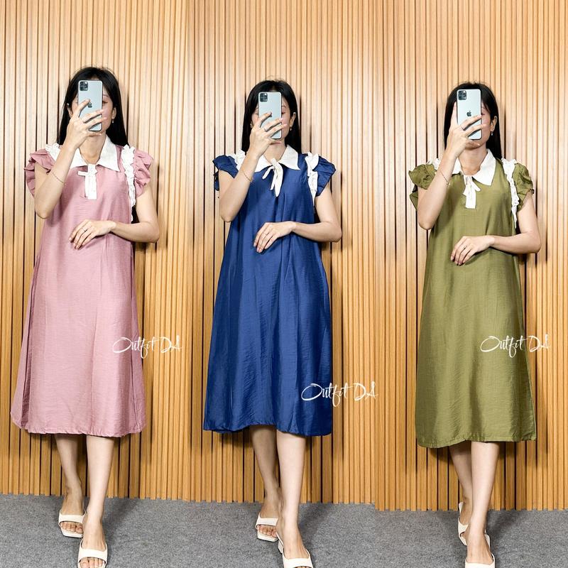 ROSELLA DRESS - Midi Dress Bahan Polo Linen Sleeveless Kombinasi Ruffle Wanita DA Grosir 5