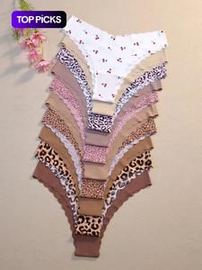 Tanga sólida/de frutas/de leopardo para mujer, bragas cómodas y transpirables sin costuras para uso diario, ropa interior para todas las estaciones