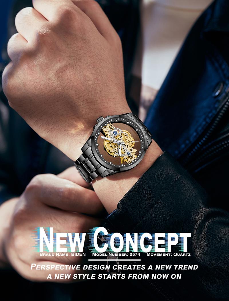 Product Introduction of 【003Harga telah diganti, cepat beli】BIDEN Jam Tangan Pria Anti Air Transparan Dial Cool Kuarsa Tali Stainless Steel Jam Tangan Cowok  YN0574 0