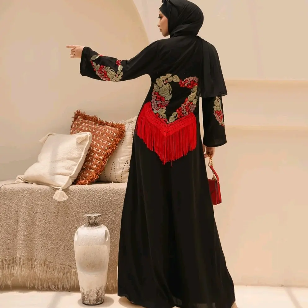 new emirat arabian style, abaya moder, abaya kekinia, hitam, dress Bordir Kombinasi Mewah Muslim Gamis Turki Wanita Umroh Renda Maxi