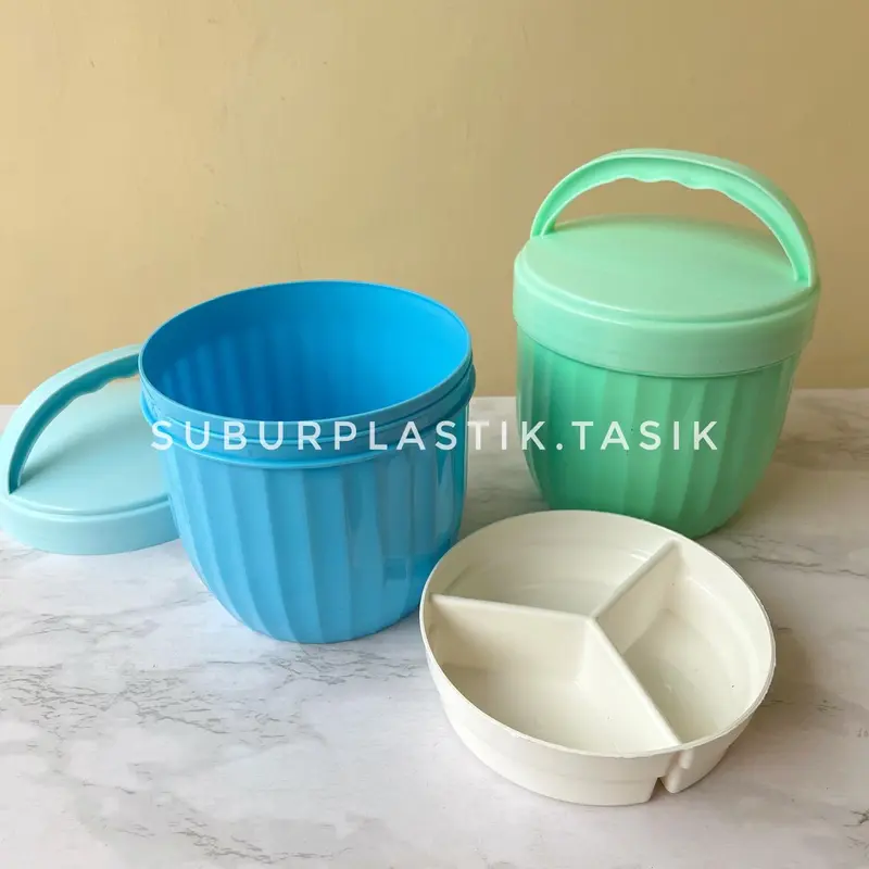 [4 pcs] Rantang Susan Samyang 3 Sekat Dengan Tutup Dan Pegangan Tempat Bekal Plastik Serbaguna | Wadah Penyimpanan Nasi Kitchenware Gold 8