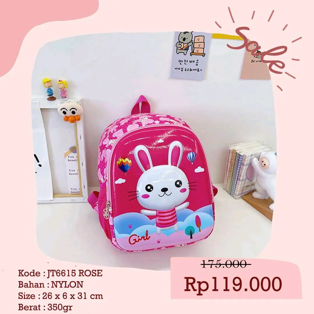 Tas Sekolah Anak Import JT6615 Anti Air Nylon 26x6x31cm - Wanita, Cewek