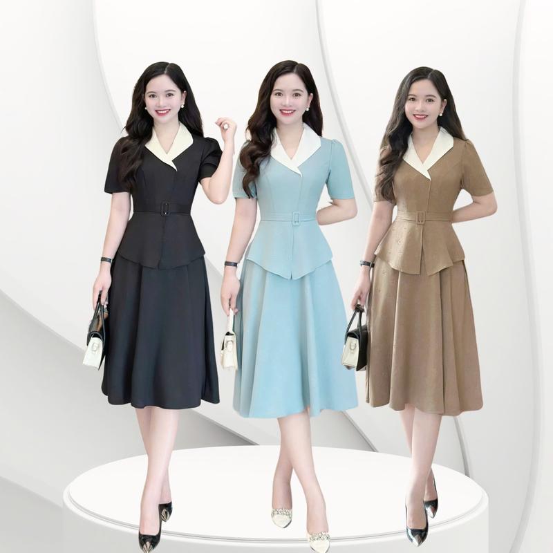 Đầm váy vest nữ peplum thiết kế Nhật Vy phối cổ trắng  tay ngắn form che  bụng bigsize  dáng xoè công sở  dự đi tiệc - D3251